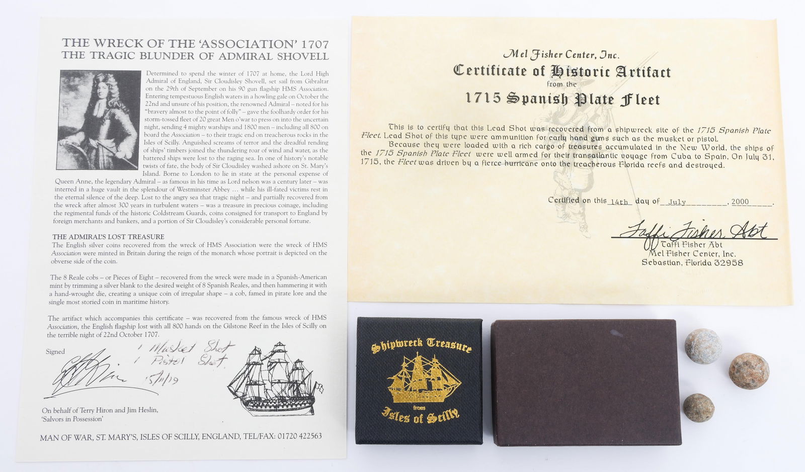 18th C. SPANISH & BRITISH FLEET RECOVERED RELICS: 18th C. SPANISH & BRITISH FLEET RECOVERED RELICS 18th Century Spanish and British Fleet Recovered Relics. (1) 1715 Spanish Fleet Recovered Cartridge Ball. Includes certificate of authenticity from