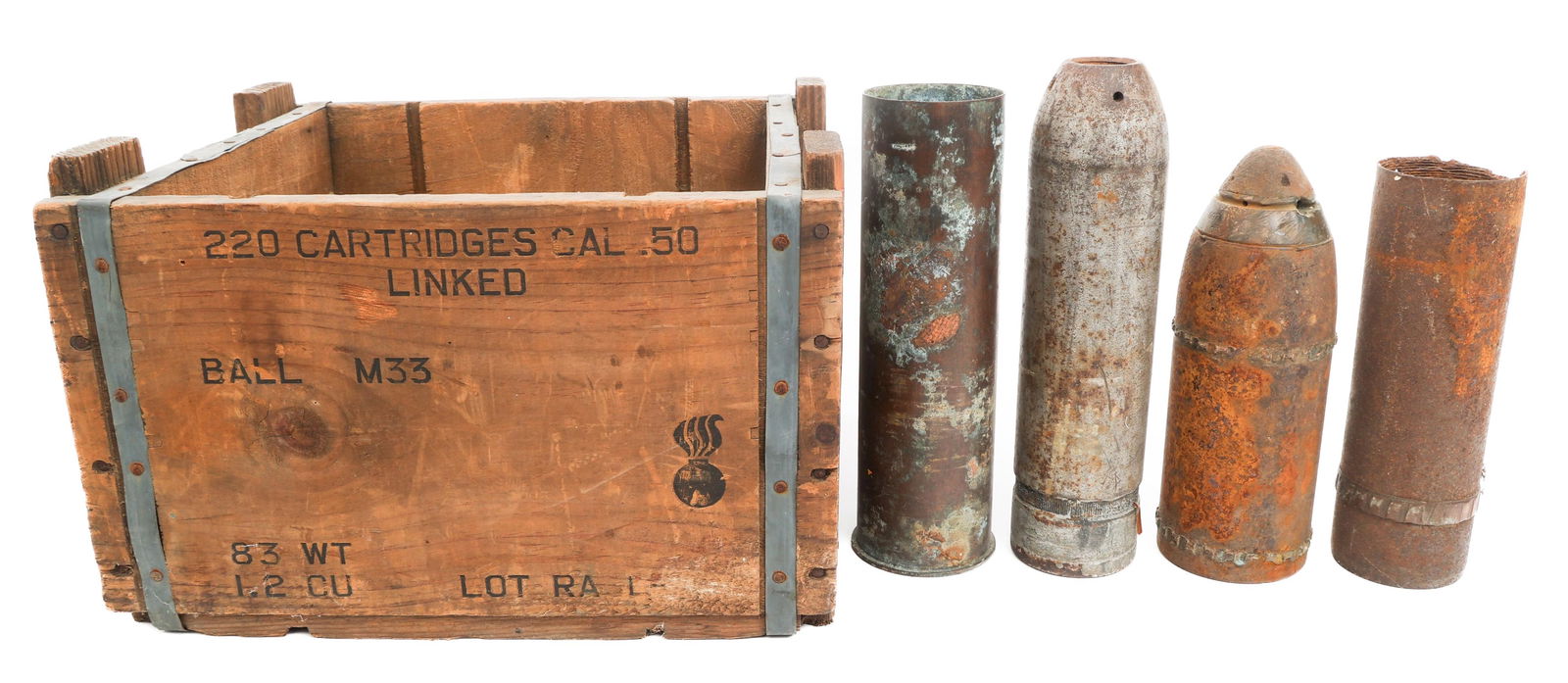 WWI ORDNANCE SHELL & WOODEN AMMUNITION CRATE: WWI ORDNANCE SHELL & WOODEN AMMUNITION CRATE WWI Ordnance Shell and Wooden Ammo Crate. (1) 3 in. field gun shell. Size: 10.5" tall. (1) 3 in. artillery projectile without fuse. Size: 11.5" tall. (1)