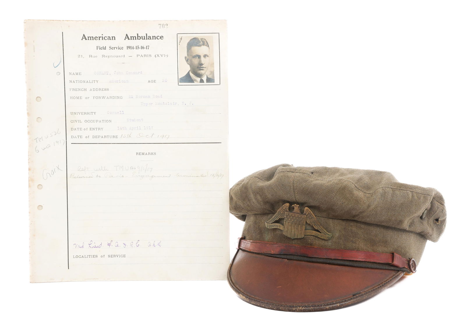 WWI AMBULANCE SERVICE VOLUNTEER NAMED CAP & CARD: WWI AMBULANCE SERVICE VOLUNTEER NAMED CAP & CARD WWI US Field Service Ambulance Volunteer Visor Cap and Paris Ambulance Registration Card. Named to John Kennard Conant. (1) Visor Cap. Cloth with Air S