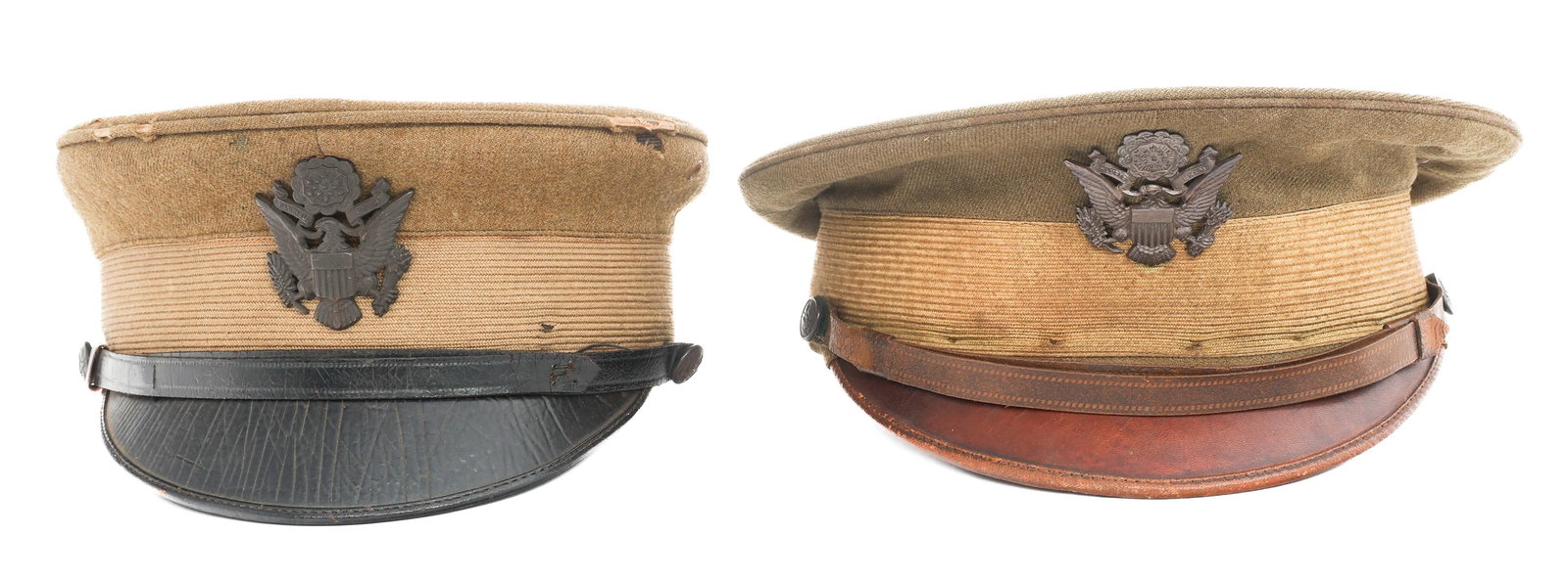 PRE WWI US ARMY OFFICER M1902 & M1912 VISOR CAPS: PRE WWI US ARMY OFFICER M1902 & M1912 VISOR CAPS Pre WWI US Army Officer M1902 and M1912 Visor Caps. (1) M1902 Officer Visor Cap. Leather chinstrap, visor and sweatband. Maker mark of Oak Hill Clothin