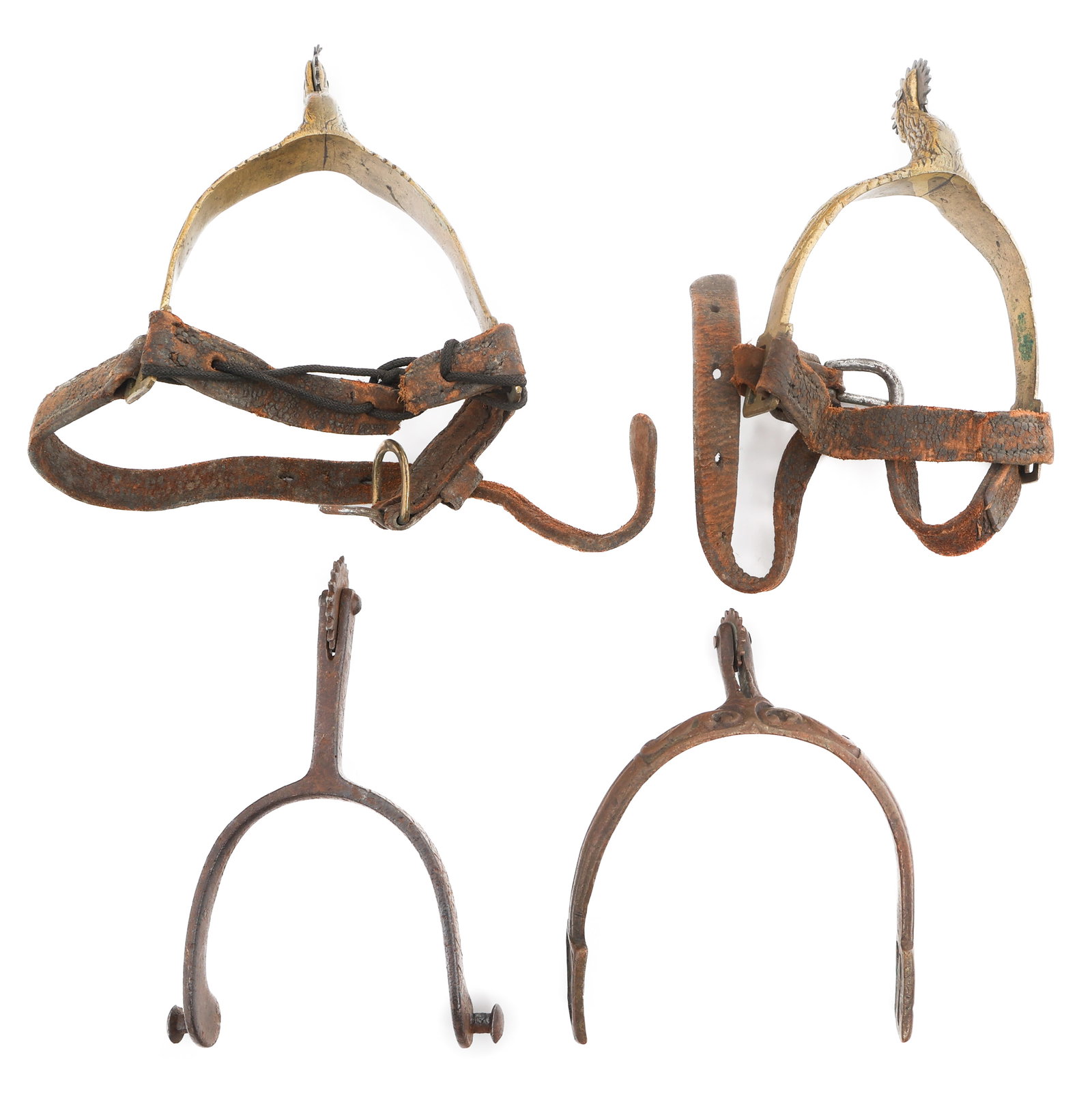 CIVIL WAR US OFFICER EAGLE HEAD & M1859 SPURS: CIVIL WAR US OFFICER EAGLE HEAD & M1859 SPURS Civil War US Officer Eagle Head Spurs. (1) Eagle head and wing strap designed spurs. Brass construction with rotating metal rowel. Leather straps. No visi