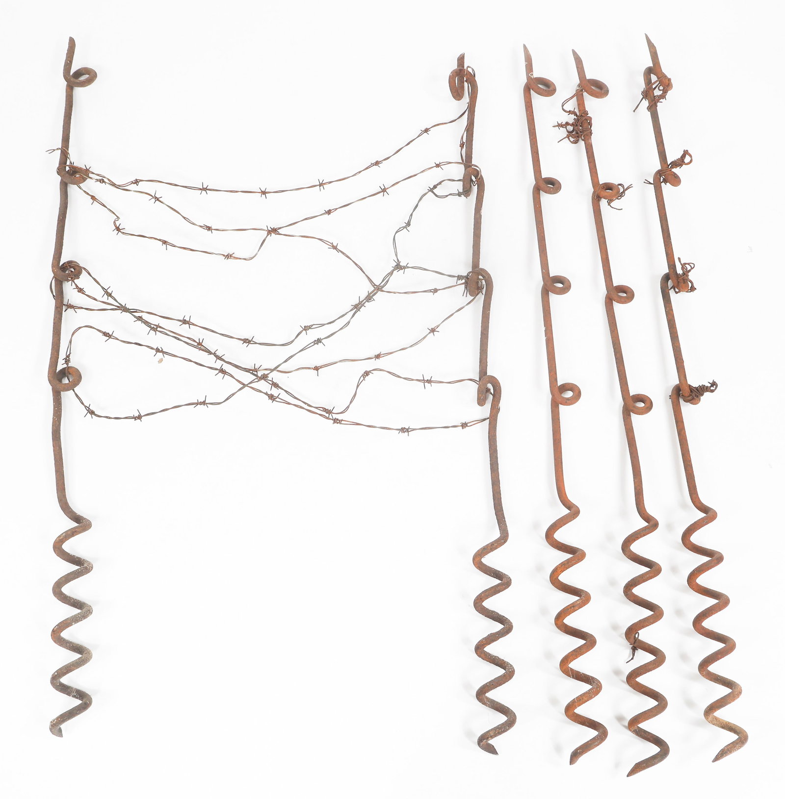 WWI BARBED WIRE SCREW POSTS & WIRE: WWI BARBED WIRE SCREW POSTS & WIRE WWI Barbed Wire Screw Posts and Wire. Size: 4" x 4" x 58" Weight: 60 lbs