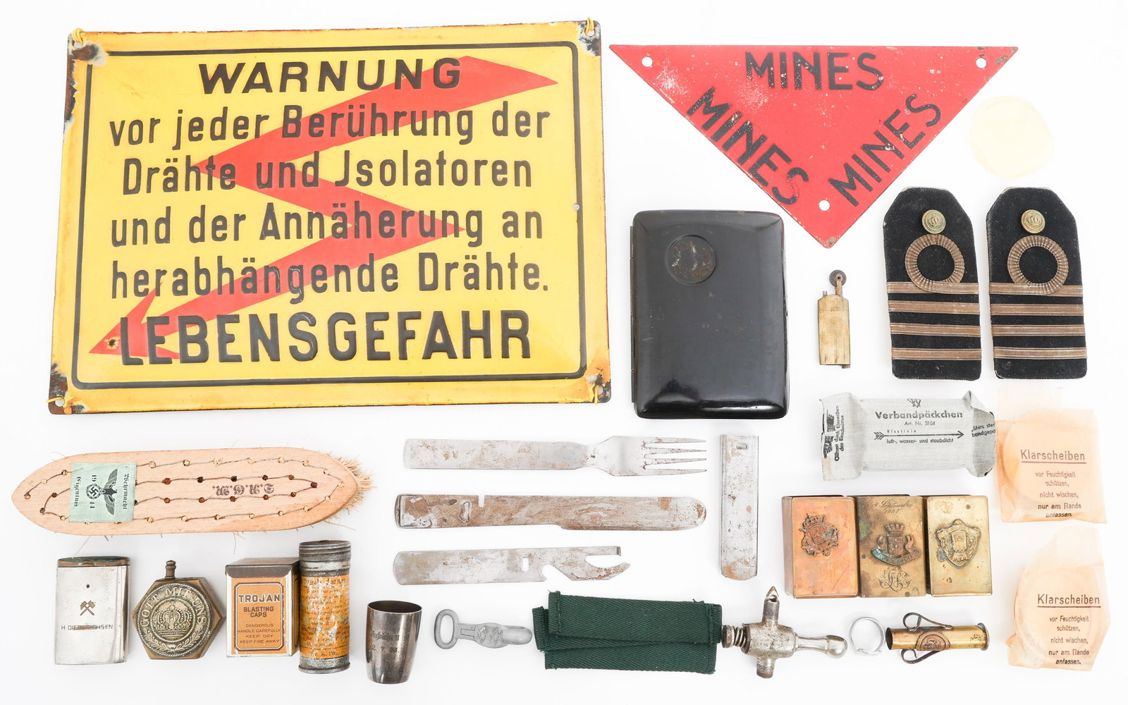 WWII WORLD MILITARY FIELD GEAR & TRENCH ART: WWII WORLD MILITARY FIELD GEAR & TRENCH ART WII British , French & German Military Field Gear & Trench Art. Includes (1) German Gott Mit Uns trench art lighter. (3) French brass shell construction mat