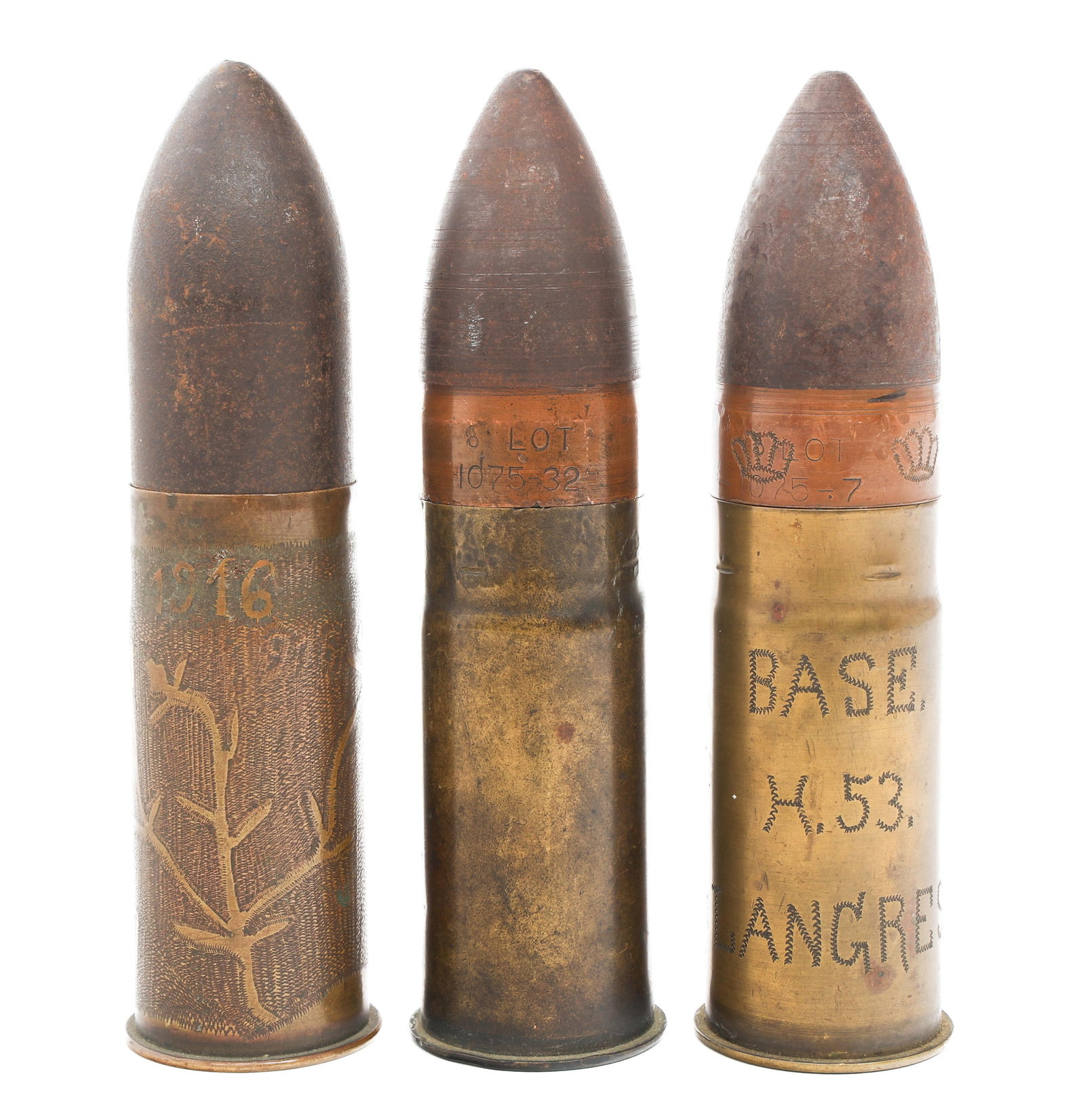 WWI US ARMY 37MM SHELL TRENCH ART: WWI US ARMY 37MM SHELL TRENCH ART WWI US Army 37mm Shell Trench Art. (3) Inert 37mm shells depicting floral, "Base Hospital 53", and other scenes. Size: 37mm