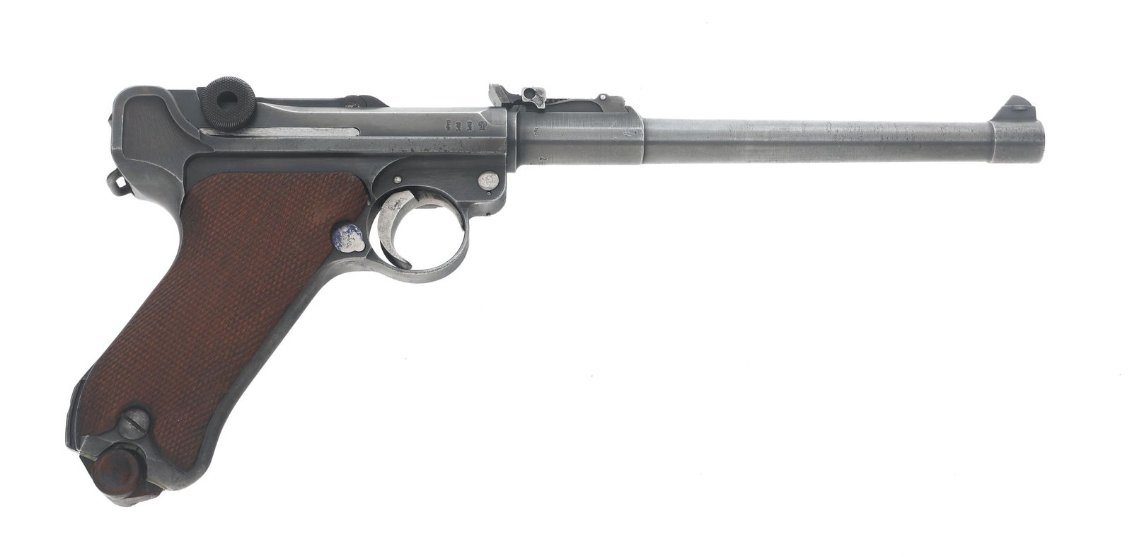 WWI GERMAN 1917 DWM P08 ARTILLERY LUGER PISTOL: WWI GERMAN 1917 DWM P08 ARTILLERY LUGER PISTOL WWI Imperial Germany 1917 DWM Model P08 Artillery Luger pistol. Serial number matches on frame, barrel, receiver, firing pin, breech block, extractor, fr