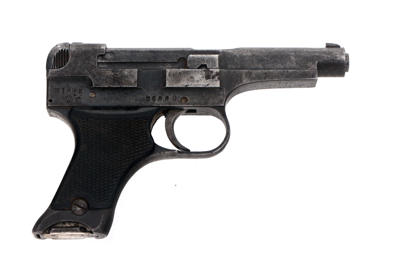 WWII JAPANESE NAGOYA TYPE 94 8mm NAMBU PISTOL: WWII JAPANESE NAGOYA TYPE 94 8mm NAMBU PISTOL 1943 WWII Japanese Nagoya Arsenal Type 94 8x22mm caliber semi automatic Nambu pistol. No import stamp. Showa date 18.5. Fixed sights. Checkered composite