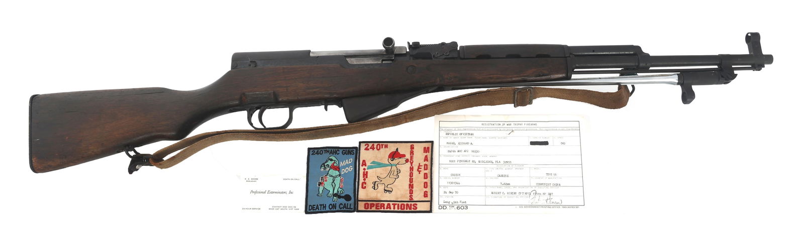VIETNAM WAR BRING BACK CHINESE TYPE 56 CARBINE: VIETNAM WAR BRING BACK CHINESE TYPE 56 CARBINE Vietnam War bring back Chinese Type 56 7.62x39mm caliber semi-automatic carbine. Registration of War Trophy Firearms paper dated 24 Sep 70. Serial number