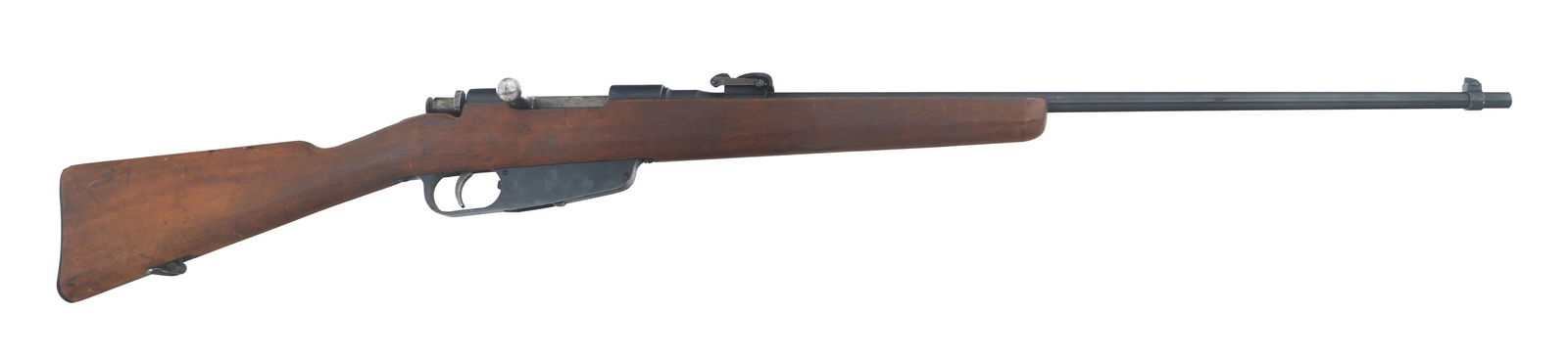 CARCANO MODEL1941 6.5mm CALIBER BOLT ACTION RIFLE: CARCANO MODEL1941 6.5mm CALIBER BOLT ACTION RIFLE Sporterized Model 1941 6.5x52mm caliber bolt action Carcano rifle. Blued finish. Adjustable rear sight. Sling mount. Wood stock with steel butt plate.