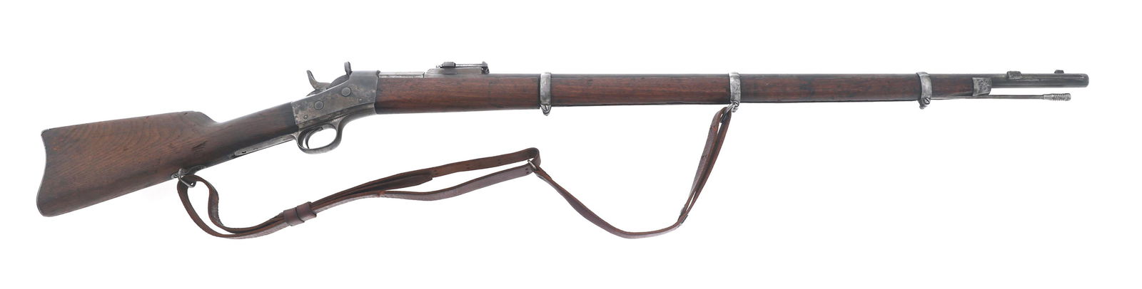 ARGENTINIAN REMINGTON M1879 ROLLING BLOCK RIFLE: ARGENTINIAN REMINGTON M1879 ROLLING BLOCK RIFLE Argentine Remington M1879 .43 caliber Rolling Block rifle. Blued finish. Adjustable rear sight. Cleaning rod. Leather sling. Wood stock with steel butt