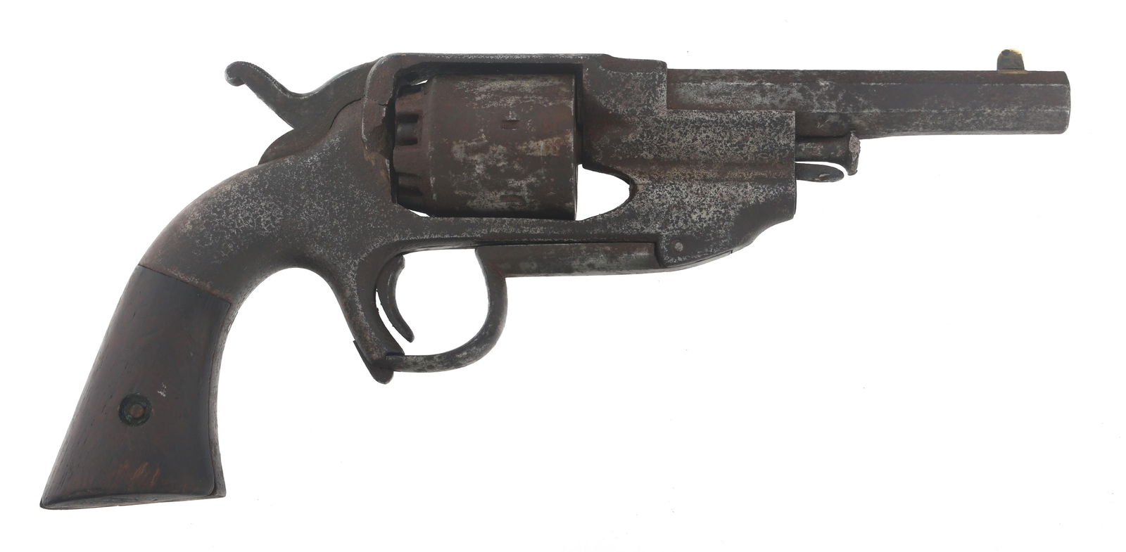 ALLEN & WHEELOCK .36 NAVY CENTERHAMMER REVOLVER: ALLEN & WHEELOCK .36 NAVY CENTERHAMMER REVOLVER Allen & Wheelock Centerhammer .36 caliber Navy lipfire revolver for parts or repair. Barrel cut to 4.50 inches. Caliber / Gauge: 36 Barrel Length: