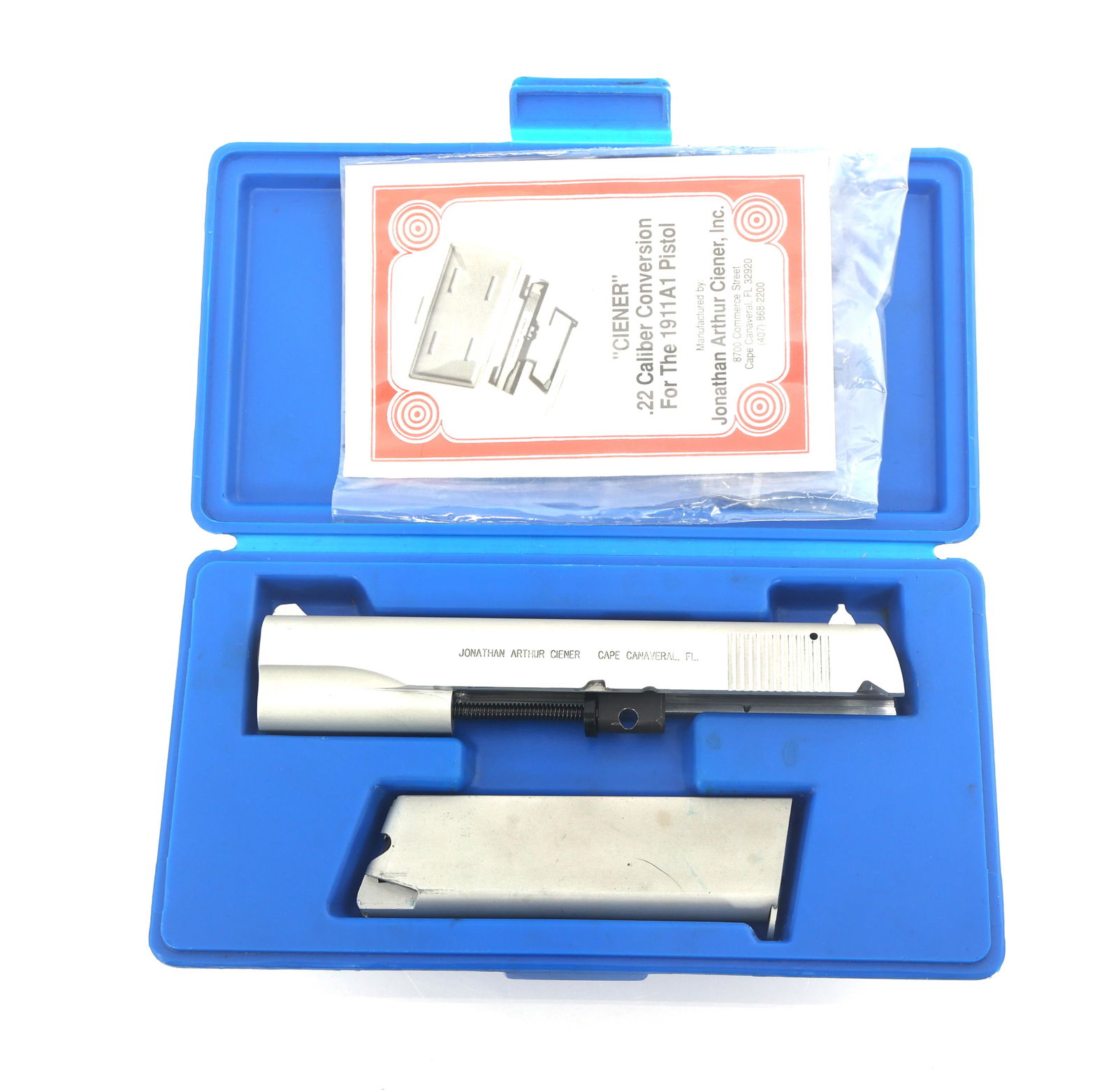 CIENER .22 LR CALIBER CONVERSION FOR 1911A1 PISTOL: CIENER .22 LR CALIBER CONVERSION FOR 1911A1 PISTOL Ciener .22 LR caliber conversion for the 1911A1 pistol. Matte stainless steel slide. One magazine. Owners manual. Plastic Ciener case. Size / Gauge:
