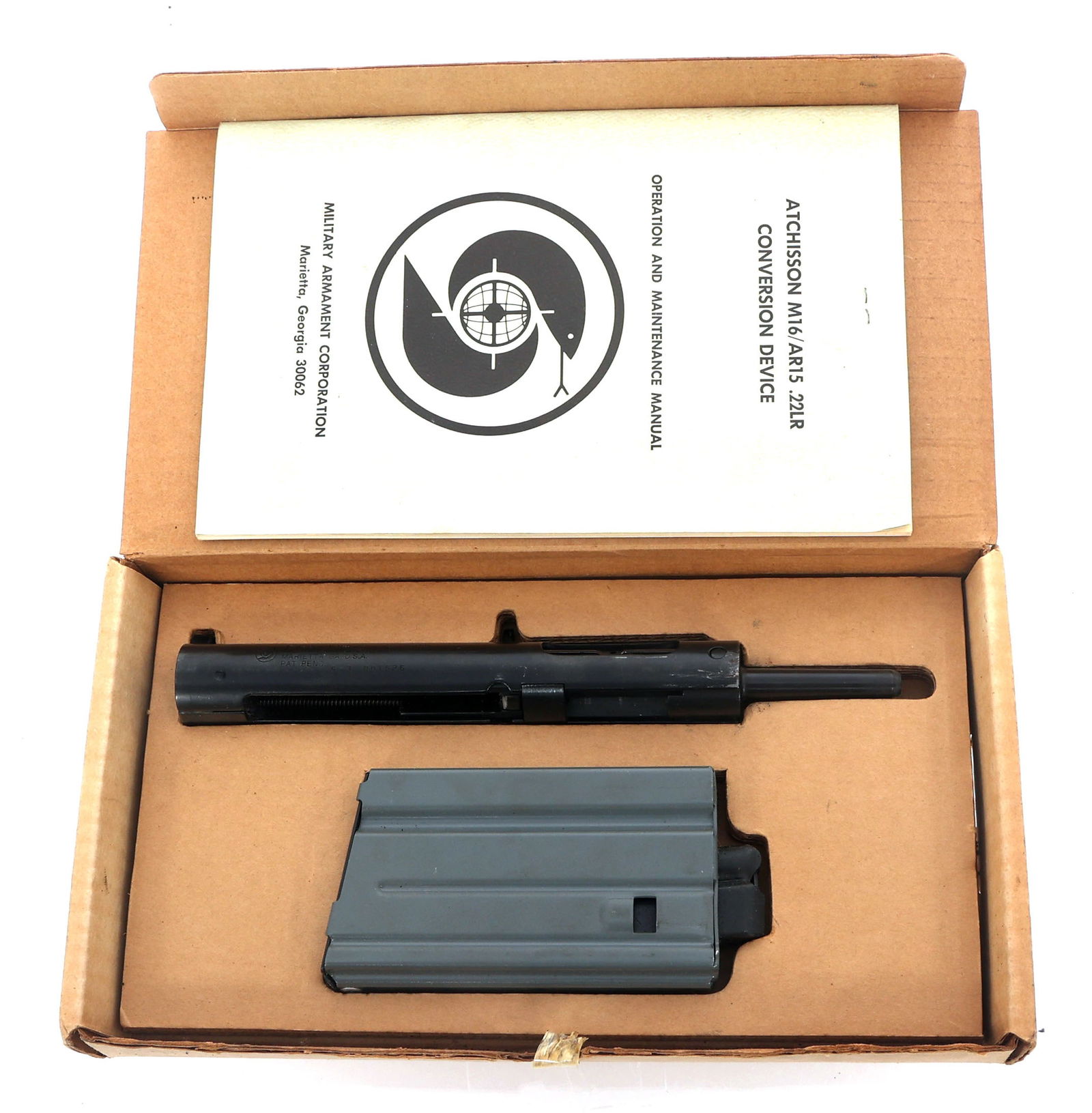 MILITARY ARMAMENT CORP M16 .22 LR CONVERSION KIT: MILITARY ARMAMENT CORP M16 .22 LR CONVERSION KIT Military Armament Corp Atchisson M16 .22 LR conversion kit. Bolt, magazine, and manual. Original box. Note: Shipping & Payment Shipping: In-house