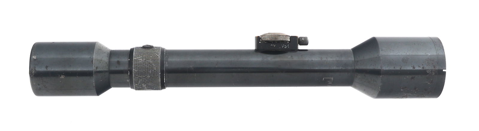 WWII GERMAN SS MARKED AJACK 4x90 RIFLE SCOPE: WWII GERMAN SS MARKED AJACK 4x90 RIFLE SCOPE WWII SS marked German AJACK 4x90 sniper rifle scope. Turret base marked SS-Dienslgias. Serial number 37542. Tube numbered 57. Note: Shipping & Payment 
