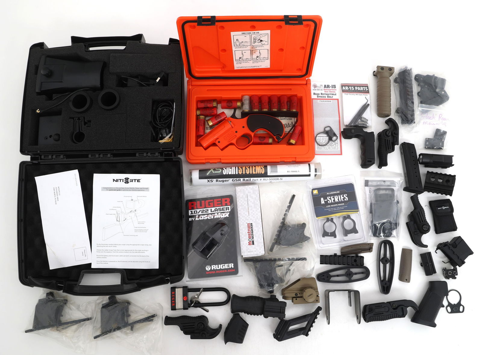 NITE SITE, OLIN FLARE PISTOL, & RIFLE PARTS: NITE SITE, OLIN FLARE PISTOL, & RIFLE PARTS Bonanza lot of firearms accessories and parts. Nite Site model Wolf. Olin flare pistol and marine flares. Rifle optics rails, grips, and other parts. 