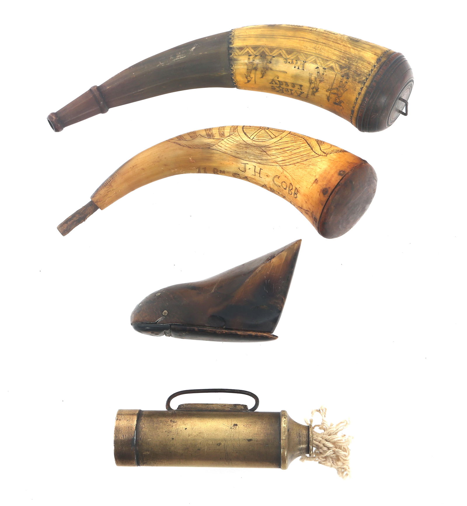 POWDER HORNS, SNUFF BOX, AND BRASS LAMP (1 of 6)