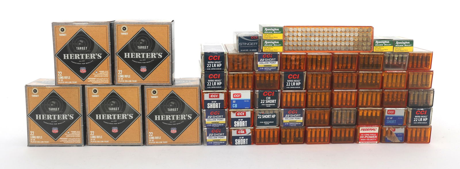 22 S & LR CALIBER AMMUNITION - 53 POUNDS TGW: 22 S & LR CALIBER AMMUNITION - 53 POUNDS TGW 22 Short and 22 LR caliber ammunition - 53 pounds total gross weight. Brands include Herters, CCI, Remington and more. Weight includes packaging. Boxes