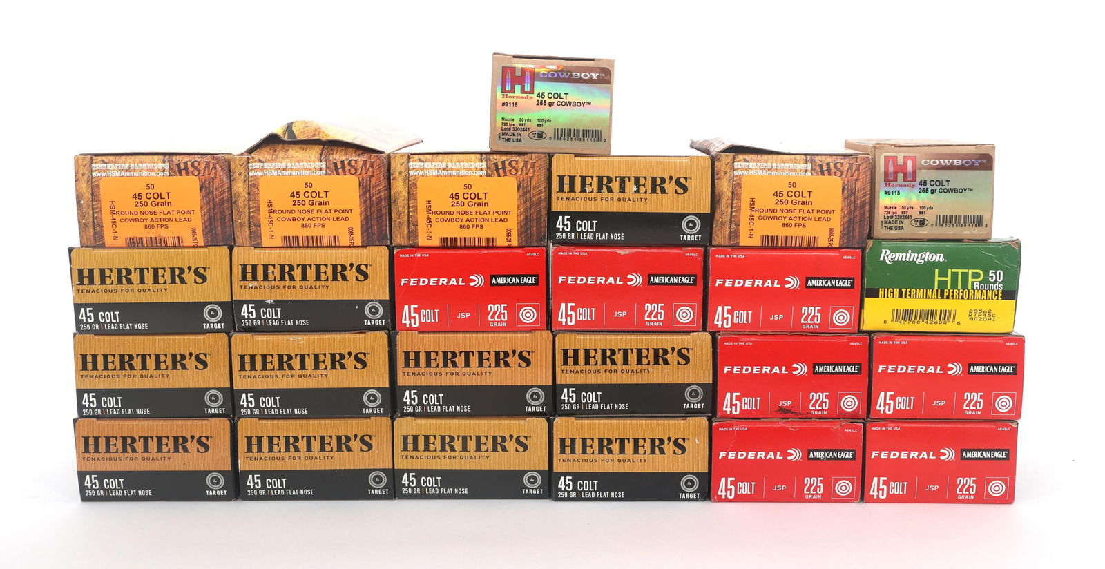 45 COLT CALIBER AMMUNITION - 60 POUNDS TGW: 45 COLT CALIBER AMMUNITION - 60 POUNDS TGW 45 Colt caliber handgun ammunition - 60 pounds total gross weight. Brands include Remington, Federal, Herters and more. Weight includes packaging. Boxes may