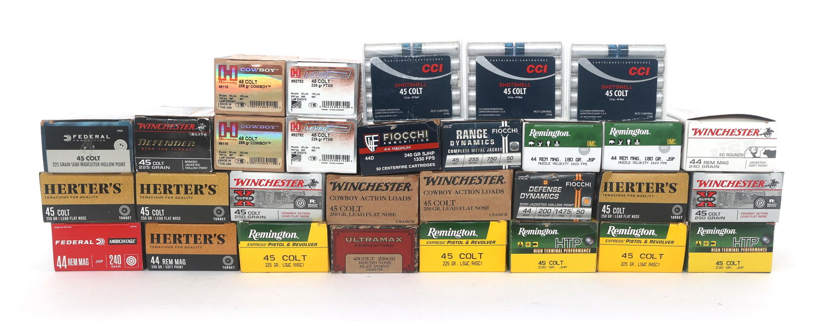 45 COLT CALIBER PISTOL AMMUNITION - 60 POUNDS TGW: 45 COLT CALIBER PISTOL AMMUNITION - 60 POUNDS TGW 45 Colt caliber pistol ammunition - 60 pounds total gross weight. Brands include Remington, Winchester, Herters and more. Weight includes packaging.