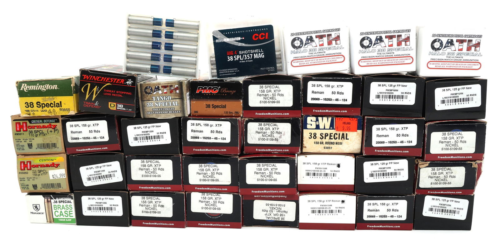 38 SPECIAL CALIBER HANDGUN AMMUNITION - 47 LBS TGW: 38 SPECIAL CALIBER HANDGUN AMMUNITION - 47 LBS TGW 47 Pounds total gross weight .38 Special caliber ammunition handgun. Brands include: Winchester, Freedom, Hornady, CCI, PMC, and Oath. Weight include