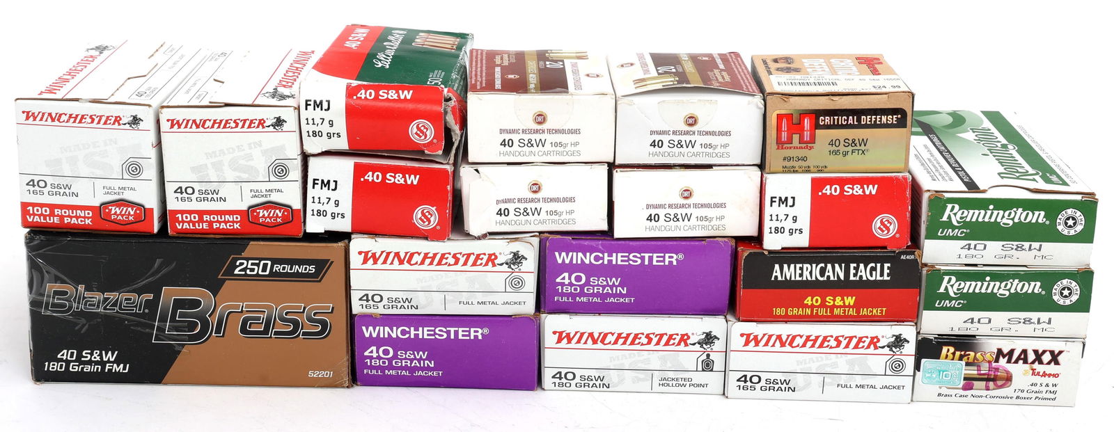 40 S&W CALIBER HANDGUN AMMUNITION - 40 LBS TGW: 40 S&W CALIBER HANDGUN AMMUNITION - 40 LBS TGW 40 Pounds total gross weight 40 S&W caliber handgun ammunition. Brands Winchester, Remington, Federal, Sellier & Bellot, Hornady, and Tul. Weight include