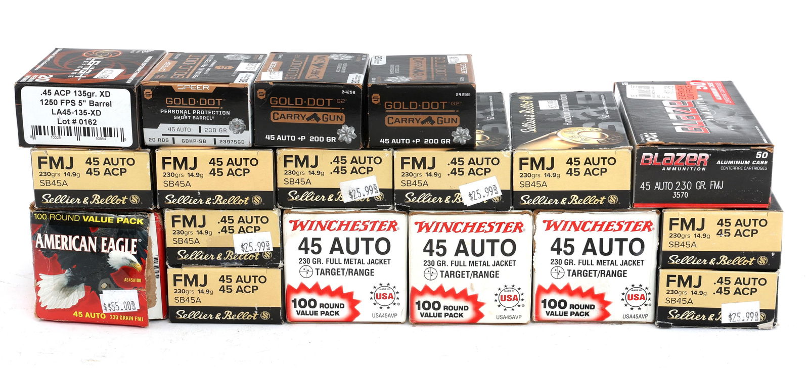 45 ACP CALIBER PISTOL AMMUNITION - 40 LBS TGW: 45 ACP CALIBER PISTOL AMMUNITION - 40 LBS TGW 45 ACP caliber pistol ammunition. 40 Pounds total gross weight, Brands include: Winchester, Sellier & Bellot, Federal, Speer, Blazer, and Lehigh. Weight i