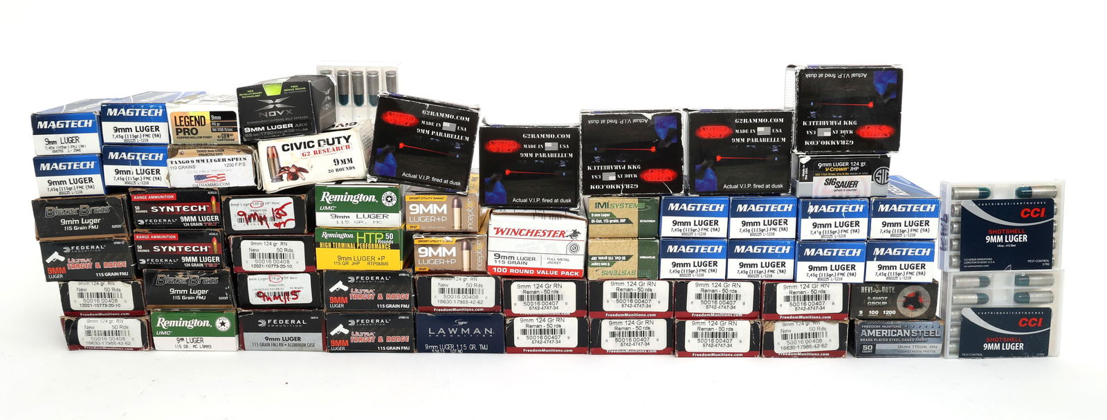 9x19mm CALIBER HANDGUN AMMUNITION - 60 LBS TGW: 9x19mm CALIBER HANDGUN AMMUNITION - 60 LBS TGW 60 Pounds total gross weight 9x19mm caliber handgun ammunition. Brands include: Speer, Winchester, Federal, Remington, Blazer, IMI Systems, MagTech, G2,