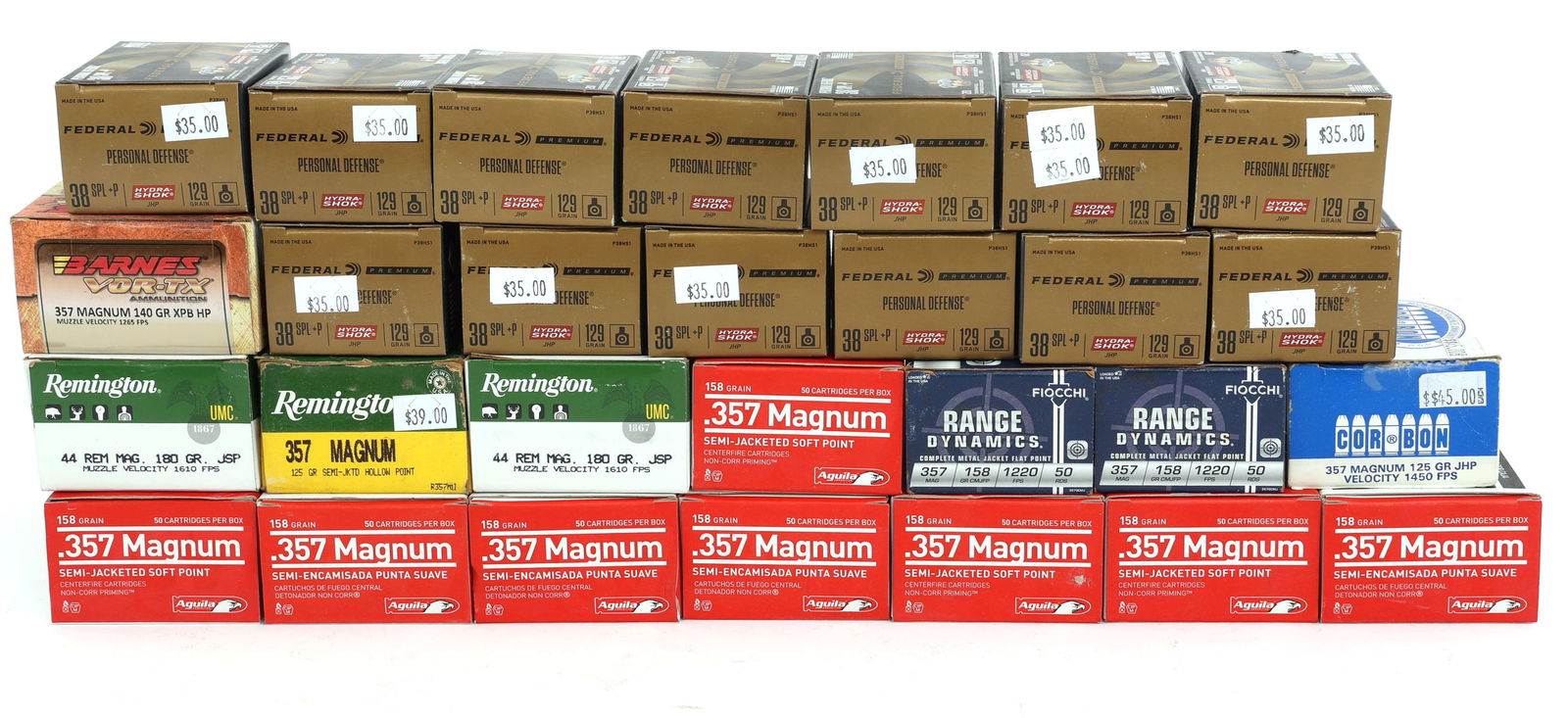 REVOLVER CALIBER AMMUNITION - 30 POUNDS TGW: REVOLVER CALIBER AMMUNITION - 30 POUNDS TGW 30 Pounds total gross weight revolver caliber ammunition. Calibers include: .357 Magnum, 38 Spl +P, and .44 Remington Magnum. Brands include: Aguila, Fiocch