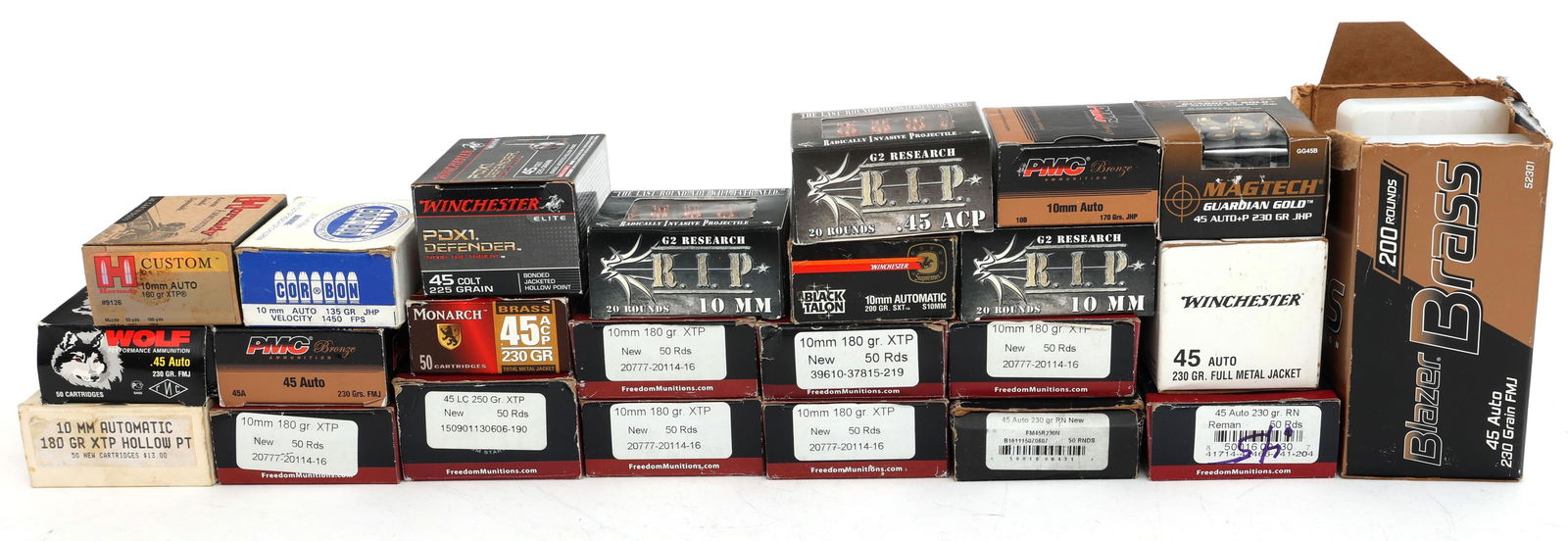 HANDGUN CALIBER AMMUNITION - 35 POUNDS TGW: HANDGUN CALIBER AMMUNITION - 35 POUNDS TGW 35 Pounds total gross weight handgun caliber ammunition. Calibers include: 10mm, .45 ACP, and .45 Colt. Brands include: Winchester, PMC, Wolf, Monarch, Freed