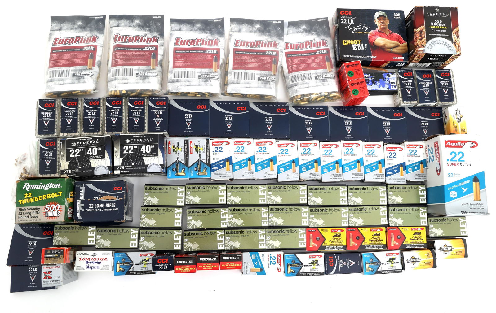 22 LR CALIBER AMMUNITION - 50 POUNDS TGW: 22 LR CALIBER AMMUNITION - 50 POUNDS TGW 50 Pounds total gross weight .22 LR caliber ammunition. Brands include: CCI, Federal, Eley, Aguila, American Eagle, Remington, Armscor, and Bitterroot Valley.