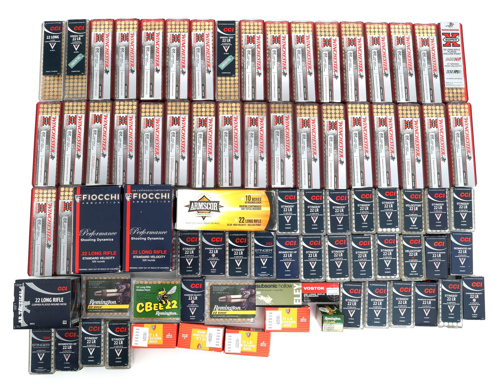 22 LR CALIBER AMMUNITION - 60 POUNDS TGW: 22 LR CALIBER AMMUNITION - 60 POUNDS TGW 60 Pounds total gross weight .22 LR caliber ammunition. Brands include: CCI, Winchester, Eley, Vostok, and Fiocchi. Weight includes all packaging. Boxes may be