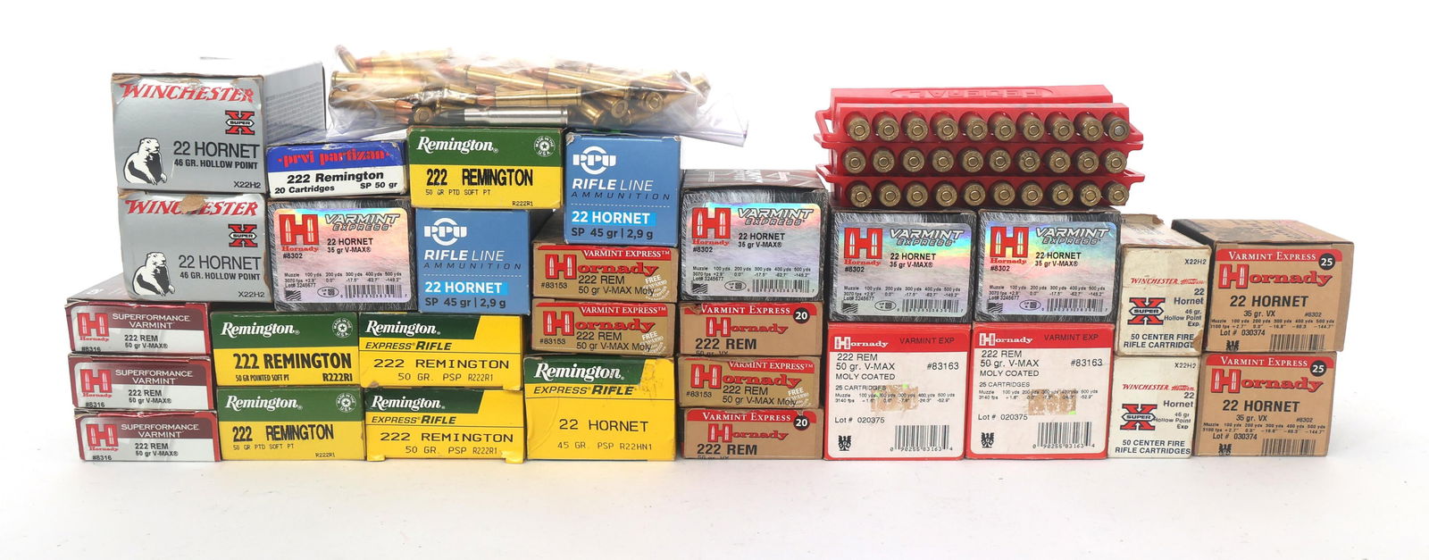 22 HORNET & 222 REM AMMUNITION - 18 POUNDS TGW: 22 HORNET & 222 REM AMMUNITION - 18 POUNDS TGW Rifle and handgun ammunition - 18 pounds total gross weight. Calibers include .22 Hornet and .222 REM. Brands include Remington, Winchester, Hornady and