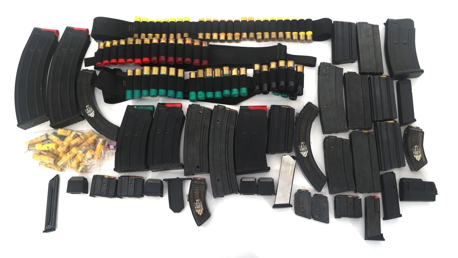 AMMUNITION, MAGAZINES, & ACCESSORIES - 33 LBS TGW: AMMUNITION, MAGAZINES, & ACCESSORIES - 33 LBS TGW Pistol, rifle, and shotgun ammunition and accessories - 33 pounds total gross weight. Calibers include .22 LR, 5.56mm, .450 Bushmaster, 12 gauge, 20 g