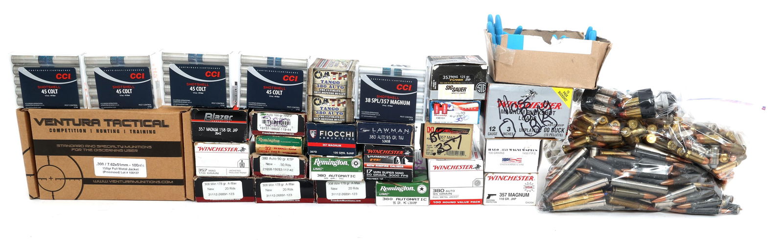 HANDGUN & RIFLE AMMUNITION - 37 POUNDS TGW: HANDGUN & RIFLE AMMUNITION - 37 POUNDS TGW 37 Pounds total gross weight mixed caliber handgun and rifle ammunition. Calibers include .308, .223, 7.62x39mm, .45 ACP, .357 Magnum, .380 ACP, and more. Br