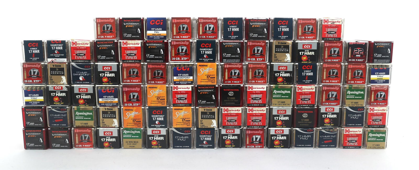 17 HMR CALIBER RIFLE AMMUNITION - 33 POUNDS TGW: 17 HMR CALIBER RIFLE AMMUNITION - 33 POUNDS TGW 17 HMR caliber rifle ammunition - 33 pounds total gross weight. Brands include CCI, Remington, Hornady and more. Weight includes packaging. Boxes may be