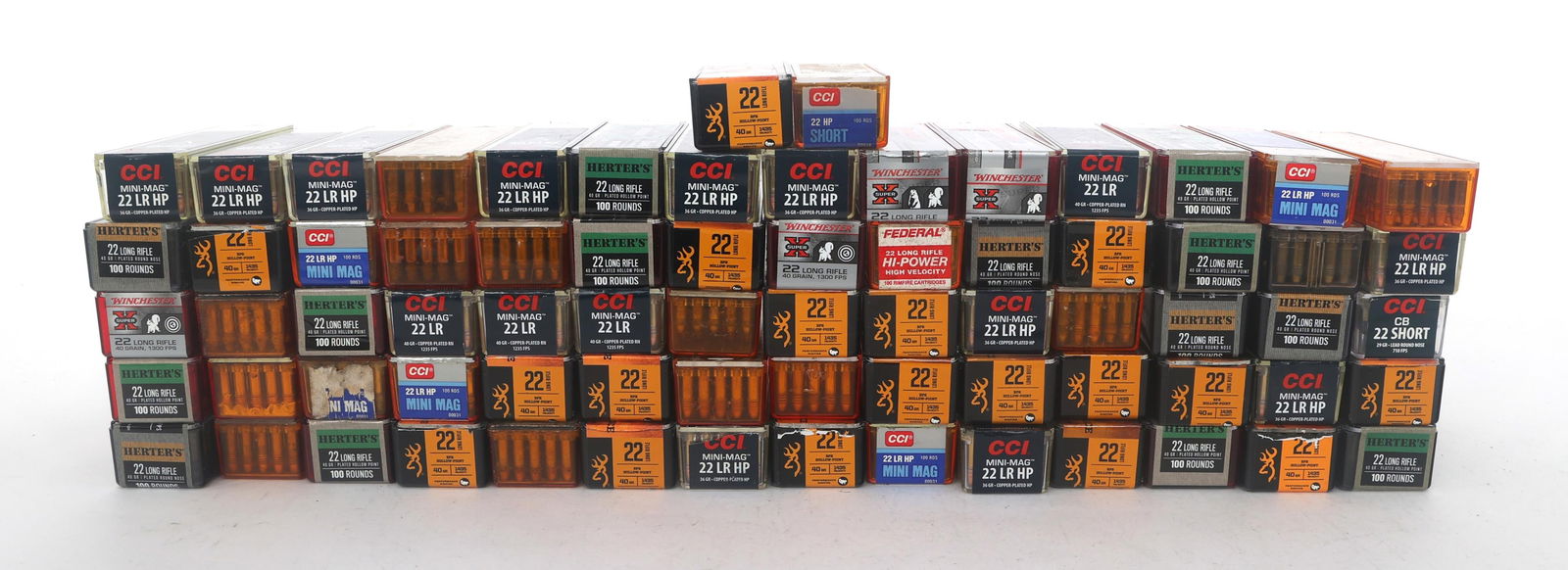22 LR CALIBER RIFLE AMMUNITION - 60 POUNDS TGW: 22 LR CALIBER RIFLE AMMUNITION - 60 POUNDS TGW 22 LR caliber rifle ammunition - 60 pounds total gross weight. Brands include Browning, Herters and CCI. Weight includes packaging. Some boxes may be ope