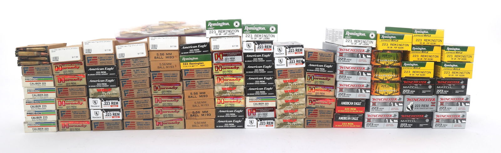 223 REM CALIBER RIFLE AMMUNITION - 60 POUNDS TGW: 223 REM CALIBER RIFLE AMMUNITION - 60 POUNDS TGW 223 REM caliber Rifle Ammunition - 60 pounds total gross weight. Brands include Armscore, Frontier, American Eagle and more. Weight includes packaging.