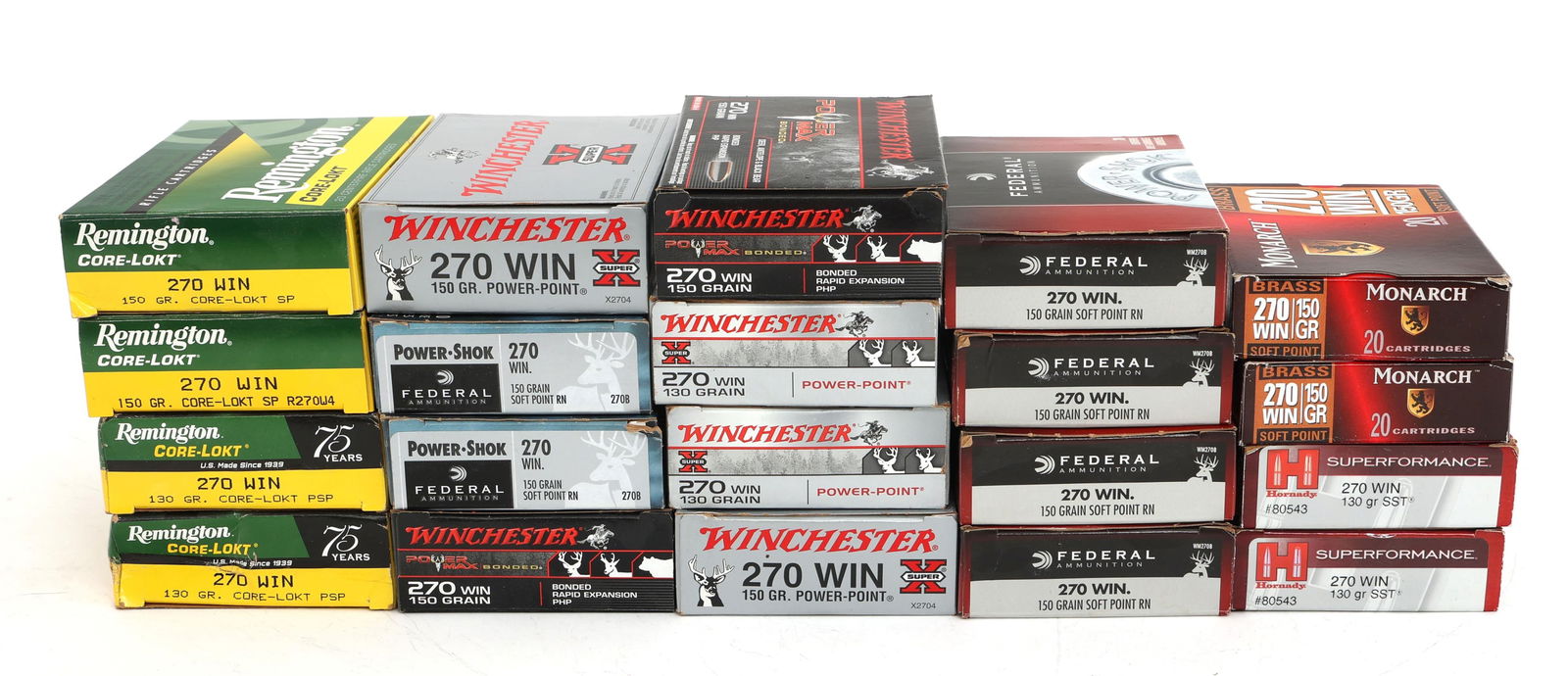270 WIN CALIBER RIFLE AMMUNITION - 23 POUNDS TGW: 270 WIN CALIBER RIFLE AMMUNITION - 23 POUNDS TGW 23 Pounds total gross weight .270 Win caliber rifle ammunition. Brands include: Winchester, Remington, Federal, Monarch, and Hornady. Weight includes a