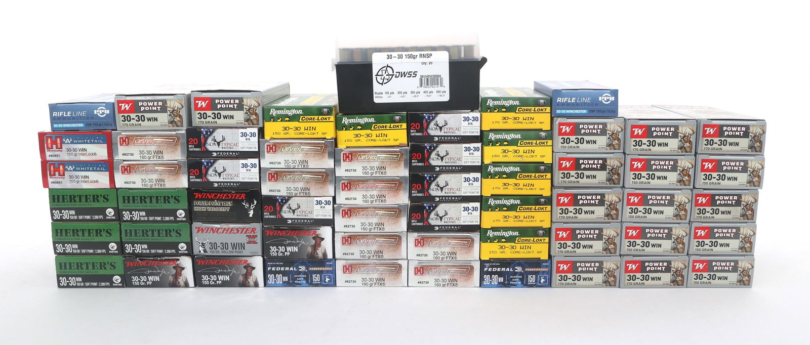 30-30 CALIBER RIFLE AMMUNITION - 60 POUNDS TGW: 30-30 CALIBER RIFLE AMMUNITION - 60 POUNDS TGW 30-30 caliber rifle ammunition - 60 pounds total gross weight. Brands include Federal, Winchester, Remington and more. Weight includes packaging. Boxes m
