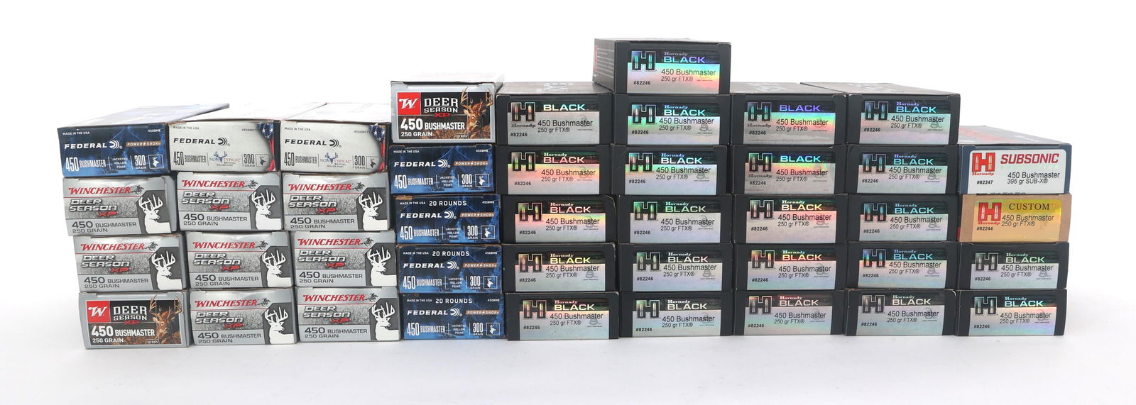 450 BUSHMASTER CALIBER RIFLE AMMO - 60 POUNDS TGW: 450 BUSHMASTER CALIBER RIFLE AMMO - 60 POUNDS TGW 450 Bushmaster caliber rifle ammunition - 60 pounds total gross weight. Brands include Hornady, Winchester and more. Weight includes packaging. Boxes