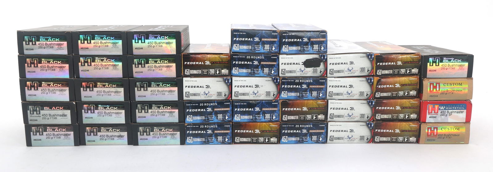 450 BUSHMASTER CALIBER RIFLE AMMO - 60 POUNDS TGW: 450 BUSHMASTER CALIBER RIFLE AMMO - 60 POUNDS TGW 450 Bushmaster caliber rifle ammunition - 60 pounds total gross weight. Brands include Hornady and Federal. Weight includes packaging. Boxes may be op