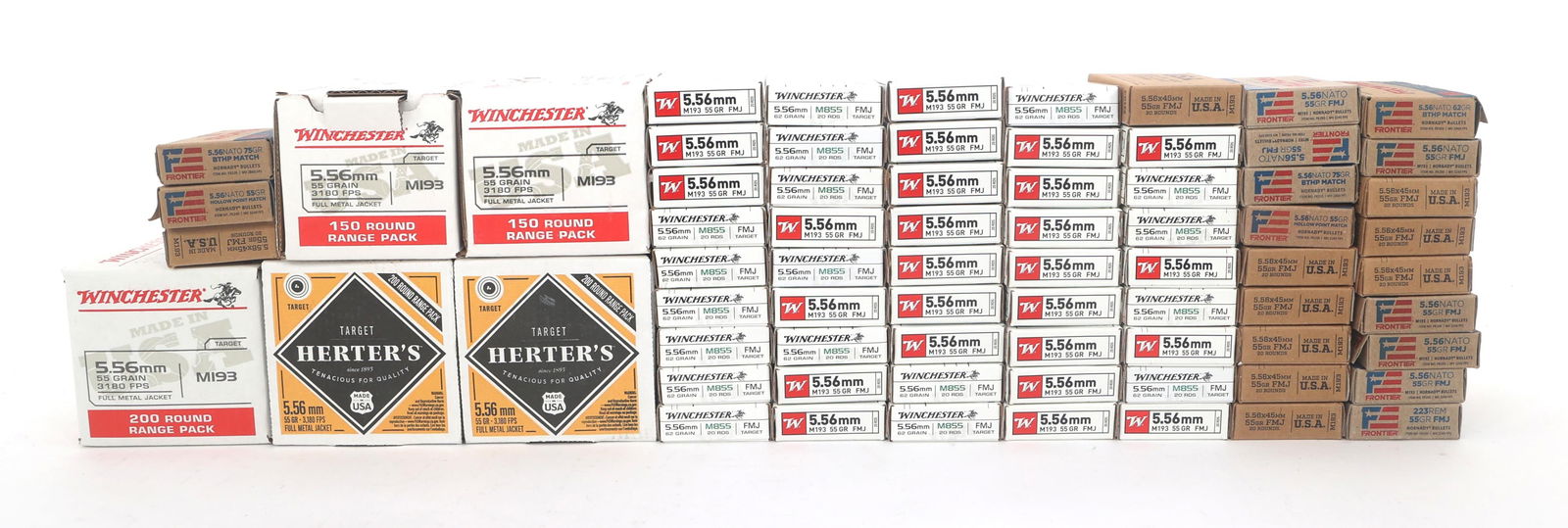 5.56mm CALIBER RIFLE AMMUNITION - 60 POUNDS TGW: 5.56mm CALIBER RIFLE AMMUNITION - 60 POUNDS TGW 5.56x45mm caliber rifle ammunition - 60 pounds total gross weight. Brands include Winchester, Hornady, Herters and more. Weight includes packaging. Boxe