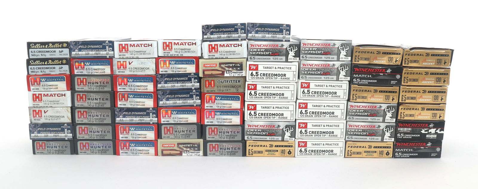 6.5 CREEDMOOR CALIBER RIFLE AMMO - 60 POUNDS TGW: 6.5 CREEDMOOR CALIBER RIFLE AMMO - 60 POUNDS TGW 6.5 Creedmoor caliber rifle ammunition - 60 pounds total gross weight. Brands include Fiocchi, Hornady, Winchester and more. Weight includes packaging.