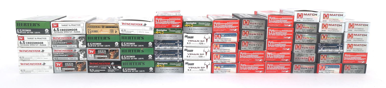 6.5 CREEDMOOR CALIBER RIFLE AMMO - 60 POUNDS TGW: 6.5 CREEDMOOR CALIBER RIFLE AMMO - 60 POUNDS TGW 6.5 Creedmoor caliber rifle ammunition - 60 pounds total gross weight. Brands include Remington, Hornady, Winchester and more. Weight includes packagin