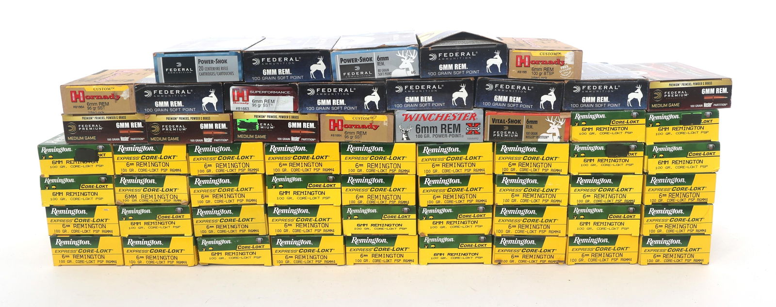 6mm CALIBER RIFLE AMMUNITION - 55 POUNDS TGW: 6mm CALIBER RIFLE AMMUNITION - 55 POUNDS TGW 55 pounds total gross weight 6mm caliber rifle ammunition. Brands include Remington, Winchester, Hornady and more. Weight includes packaging. Boxes may be
