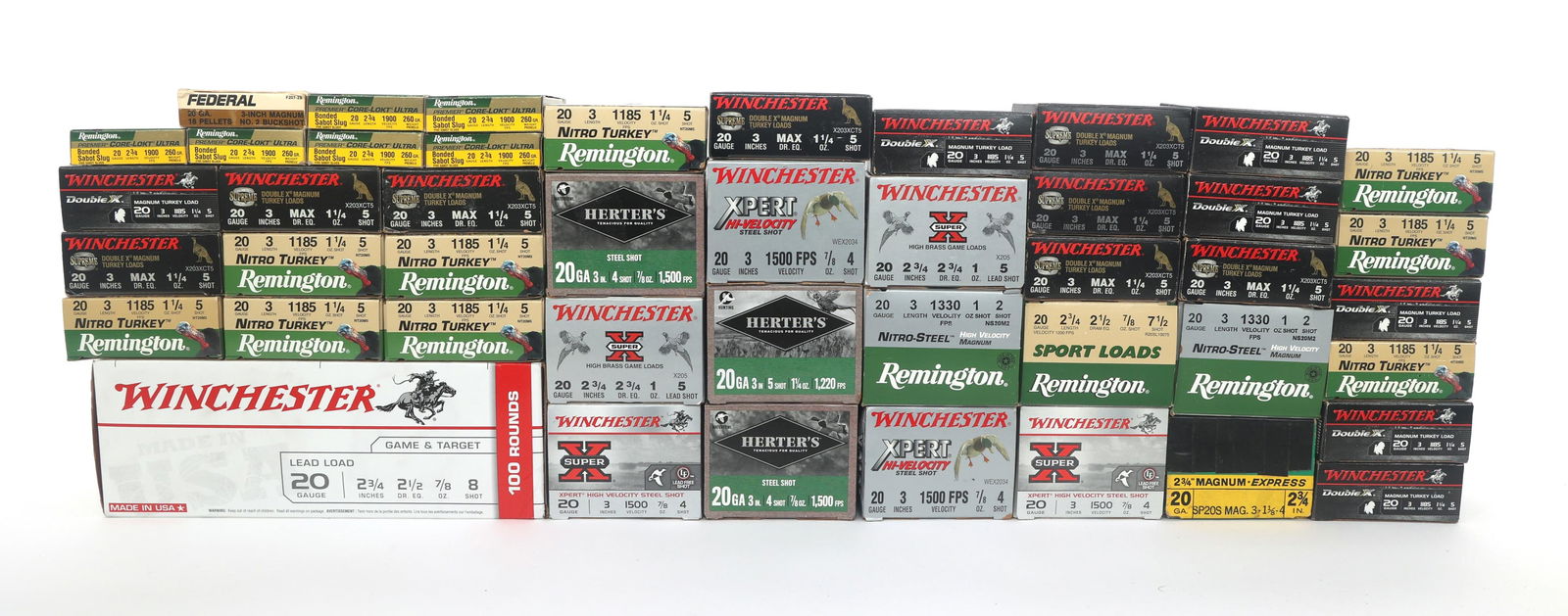 20 GAUGE SHOTGUN AMMUNITION - 60 POUNDS TGW: 20 GAUGE SHOTGUN AMMUNITION - 60 POUNDS TGW 20 Gauge shotgun ammunition - 60 pounds total gross weight. Brands include Remington, Winchester and more. Weight includes packaging. Boxes may be open or p