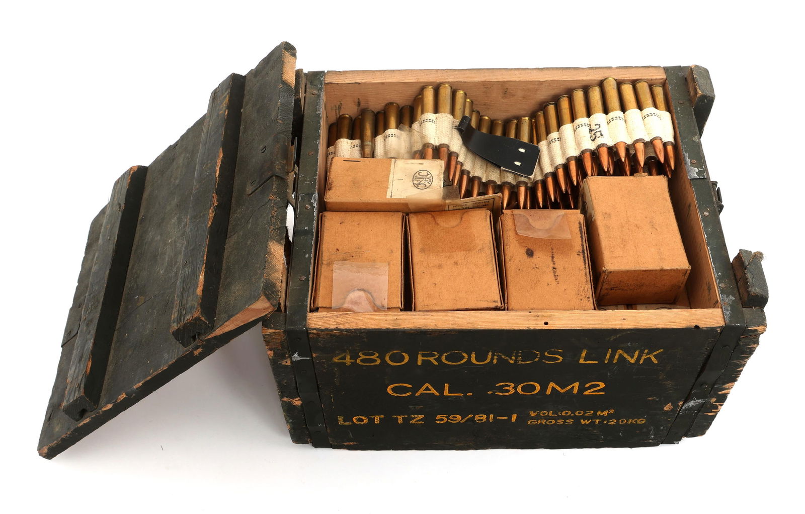 30-06 CALIBER RIFLE AMMUNITION - 42 POUNDS TGW: 30-06 CALIBER RIFLE AMMUNITION - 42 POUNDS TGW 42 Pounds total gross weight .30-06 caliber rifle ammunition. Some boxed in stripper clips, some belted. Wood ammunition crate. Weight includes crate and