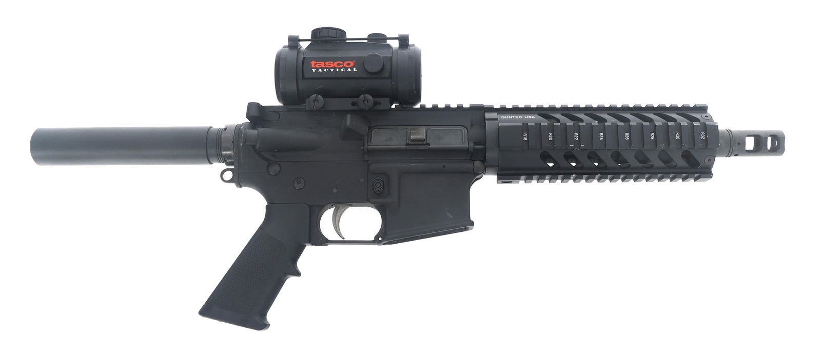 ANDERSON ARMS MODEL AM-15 5.56mm CALIBER PISTOL: ANDERSON ARMS MODEL AM-15 5.56mm CALIBER PISTOL Anderson Arms Model AM-15 5.56x45mm caliber semi automatic pistol. Matte black finish. Receiver mounted picatinny rail. Aluminum quad rail handguard. Mu