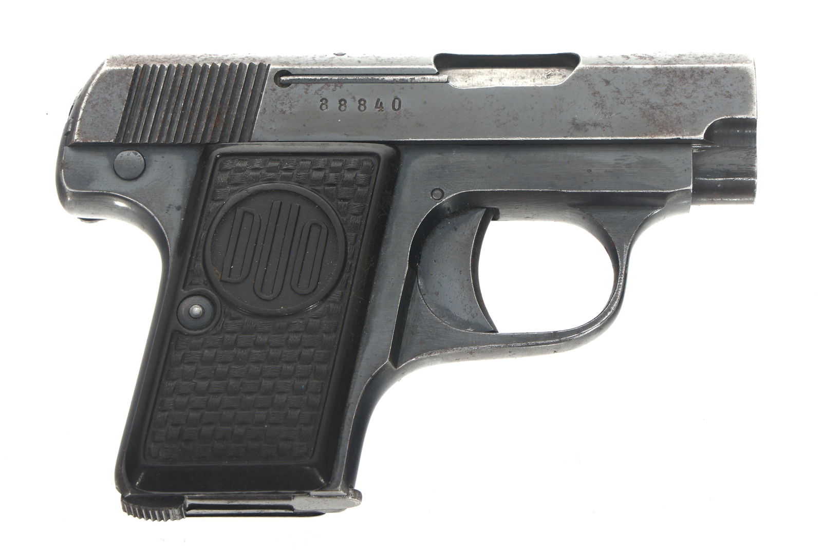 1944 DUSEK MODEL DUO 6.35mm CALIBER PISTOL: 1944 DUSEK MODEL DUO 6.35mm CALIBER PISTOL 1944 F. Dusek Model DUO 6.35mm caliber semi automatic pistol. Left side of slide stamped Automat Pistole DUO Cal 6.35 F. Dusek Opotschno. Lion superimposed o