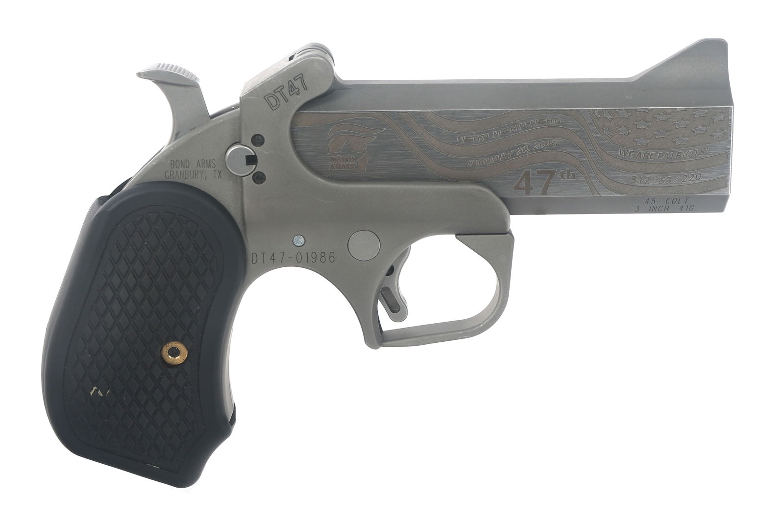BOND ARMS MODEL DT47 .45 COLT / 410GA DERRINGER: BOND ARMS MODEL DT47 .45 COLT / 410GA DERRINGER Bond Arms Model DT47 .45 Colt caliber Derringer pistol. Laser engraved barrel. Matte stainless finish. Checkered composite grips. Nylon holster. Origina