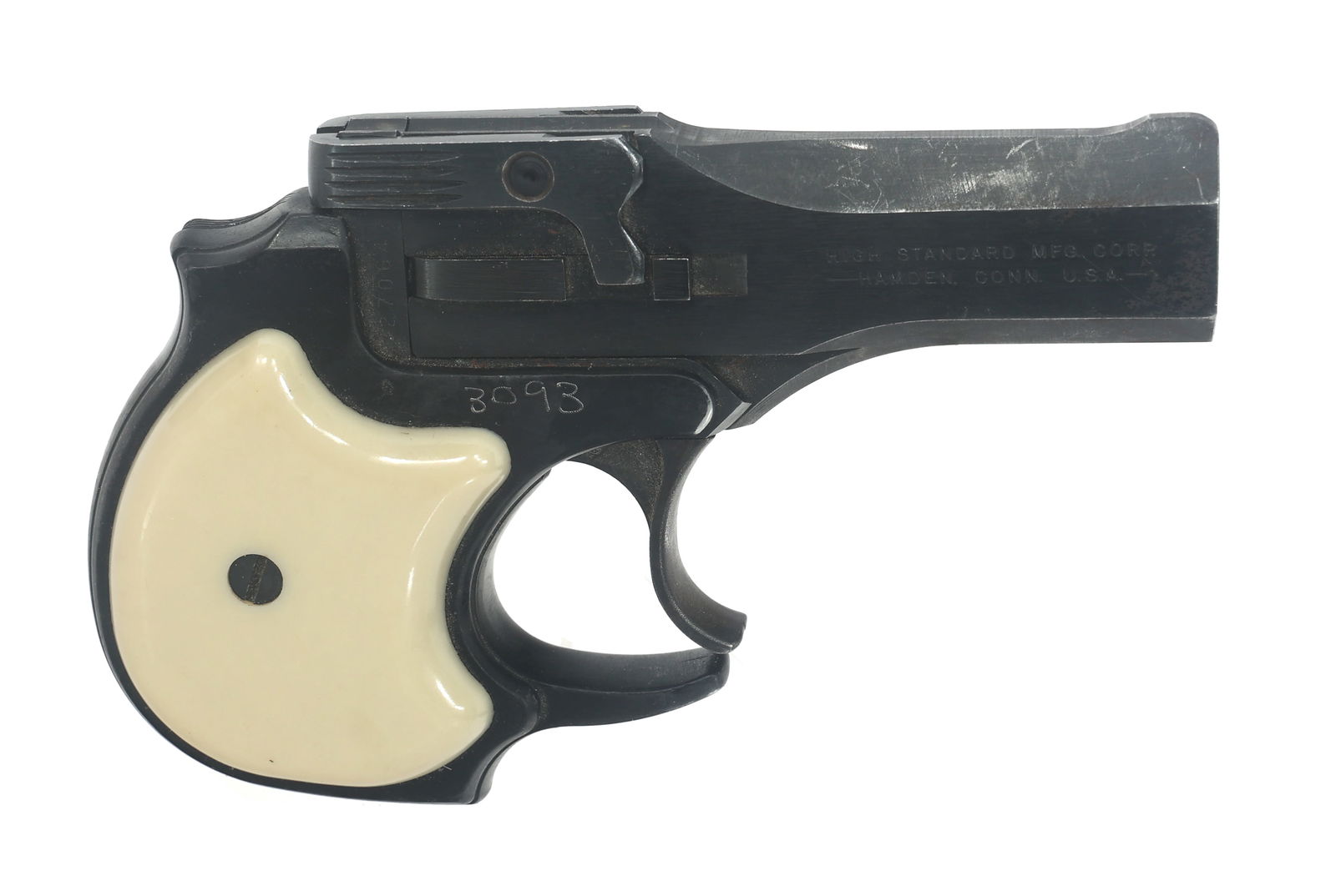 HI STANDARD MODEL DM-101 .22 MAG CALIBER DERRINGER: HI STANDARD MODEL DM-101 .22 MAG CALIBER DERRINGER Hi Standard Model DM-101 .22 Magnum caliber derringer pistol. Blued finish. Composite grips. Caliber / Gauge 22 Magnum Barrel Length: 3.50" Serial